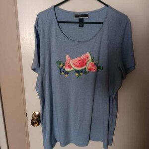 Woman's Karen Scott blue topw with watermelon 2X
